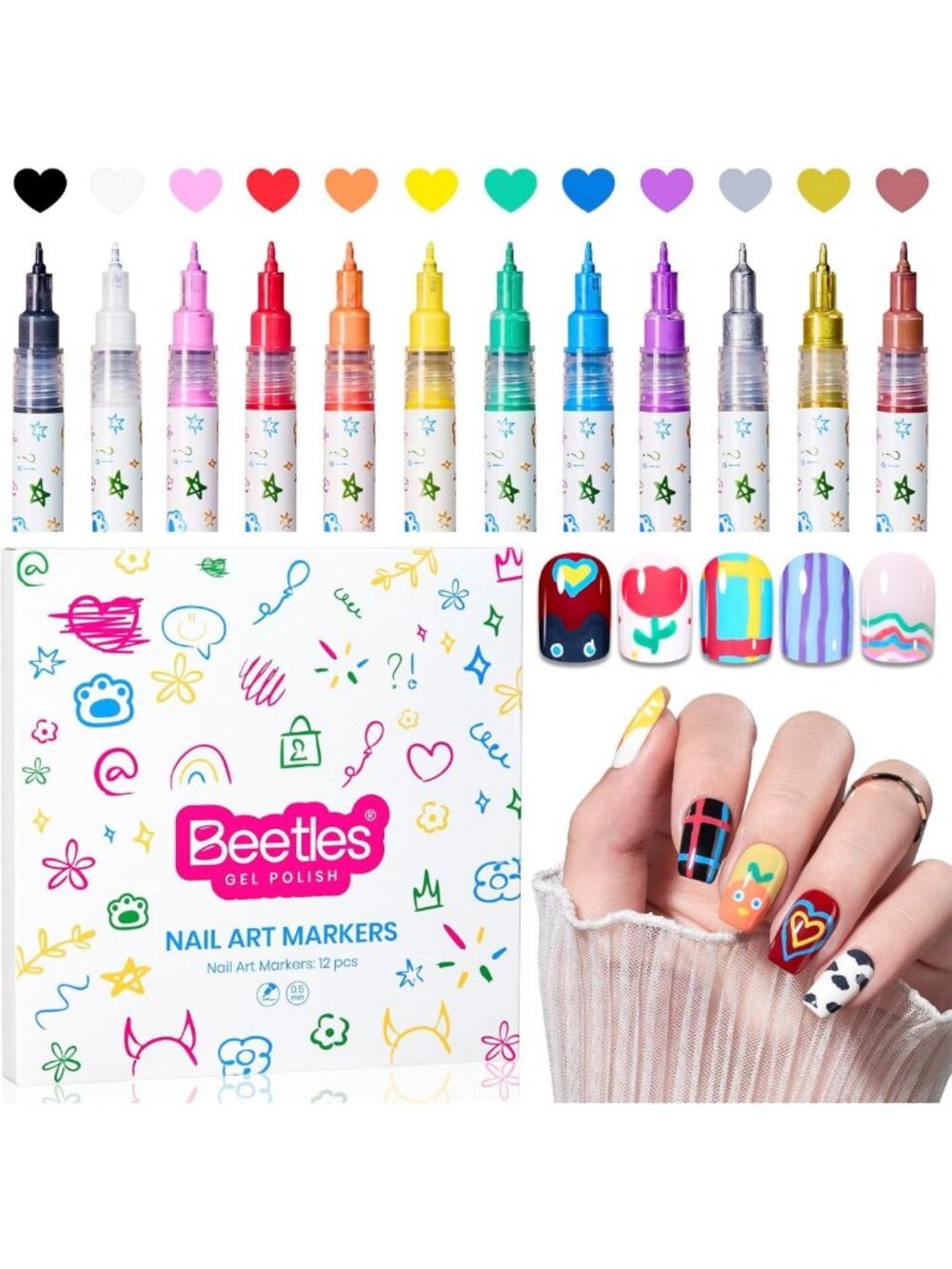 12 Colors Nail Art Pens - Fine Line 0.5mm Quick Drying Acrylic Paint Markers for